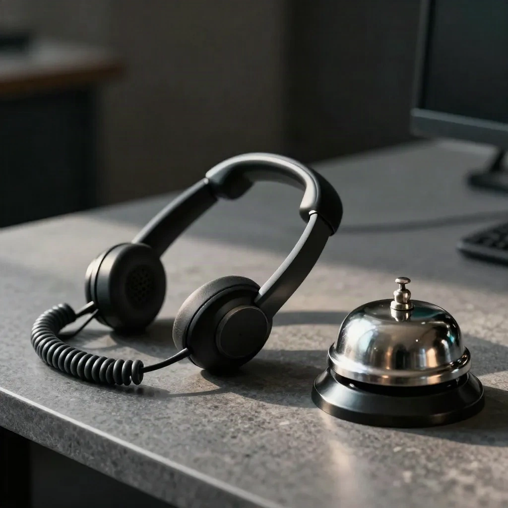 Supportset met telefoonhoorn in cradle, bureaubel en kabelblok op donkere steen.