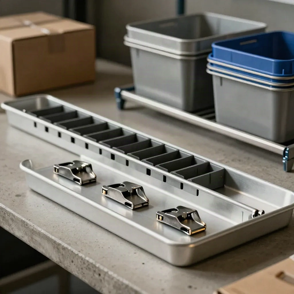 Anodiseer aluminium bakjes en clips op een industriële werkbank in diagonale lijn.