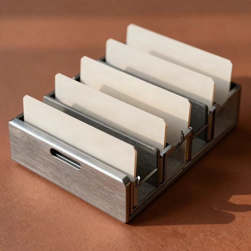 Zesdelige dossierverdeler met aluminium rail en twee blokjes op terracotta.