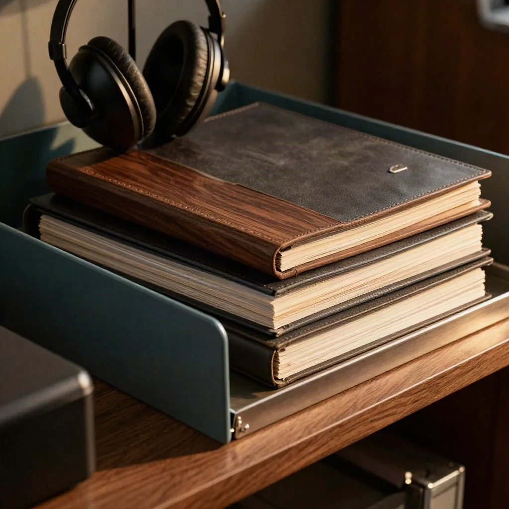 Drie dossiermappen, headsetstandaard en sorteertray op een warme houten plank