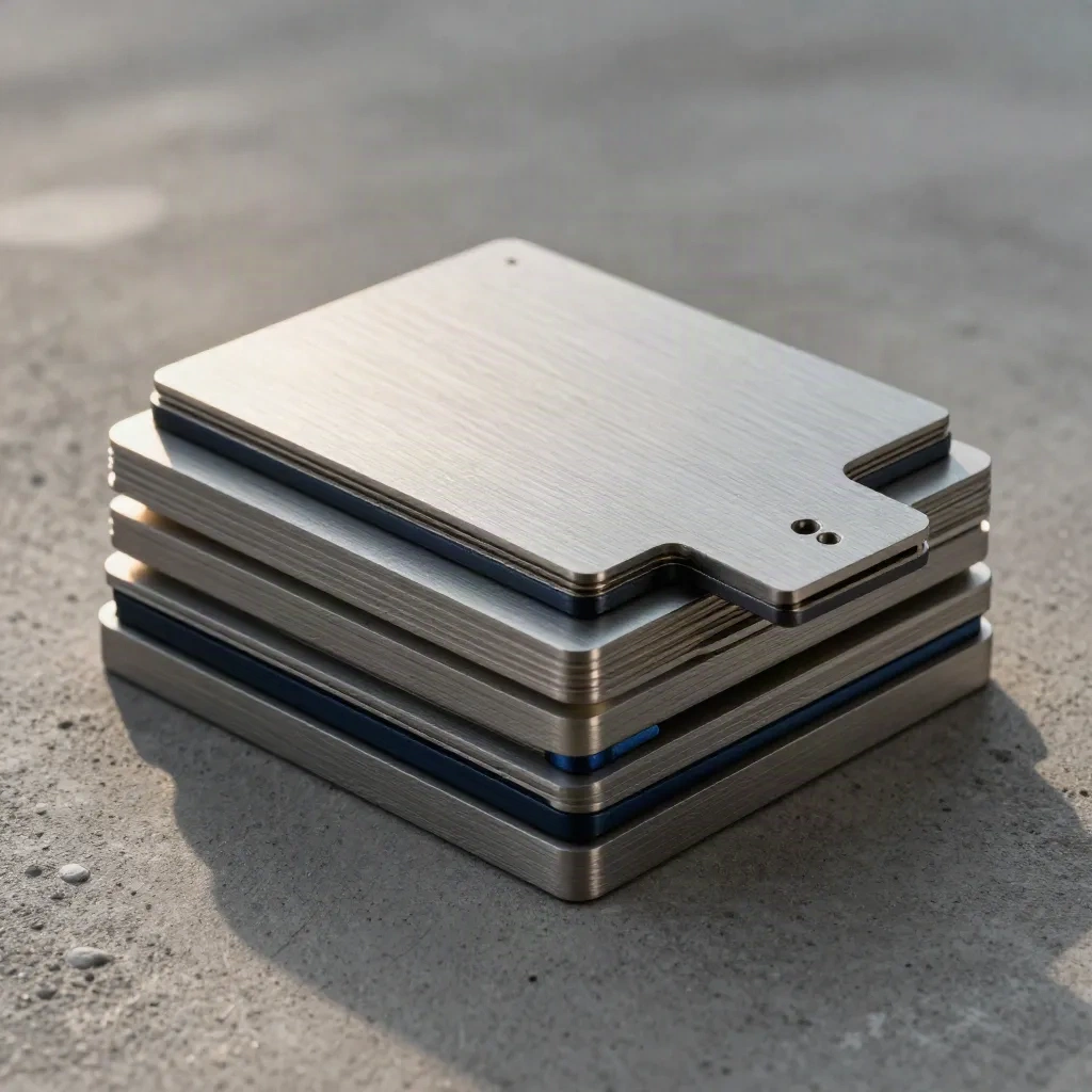 Geneste metalen blokken met clip en connectorplaat op koel beton, top-down en premium.